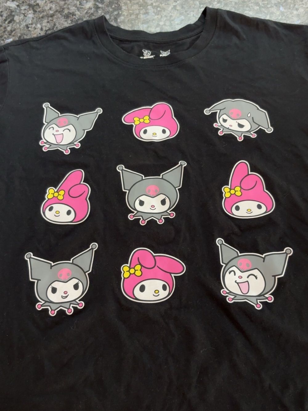 Sanrio Black Tee with My Melody & Kuromi Pink and Gray Character Grid